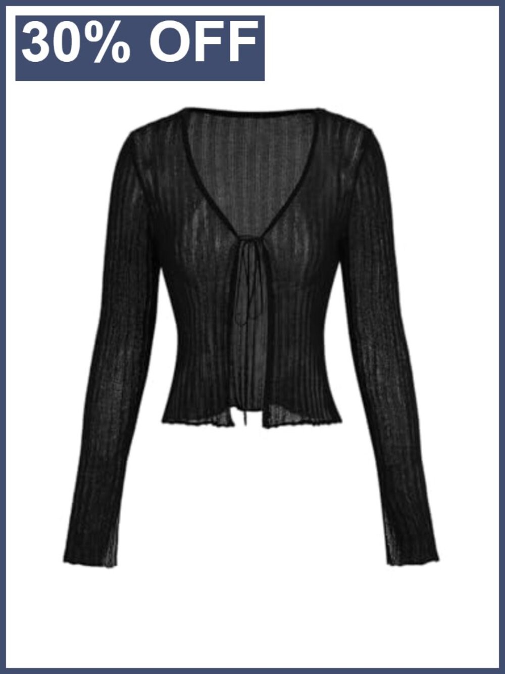 Women's Knit Cardigan Deep V Neck Tie Front Textured Cropped